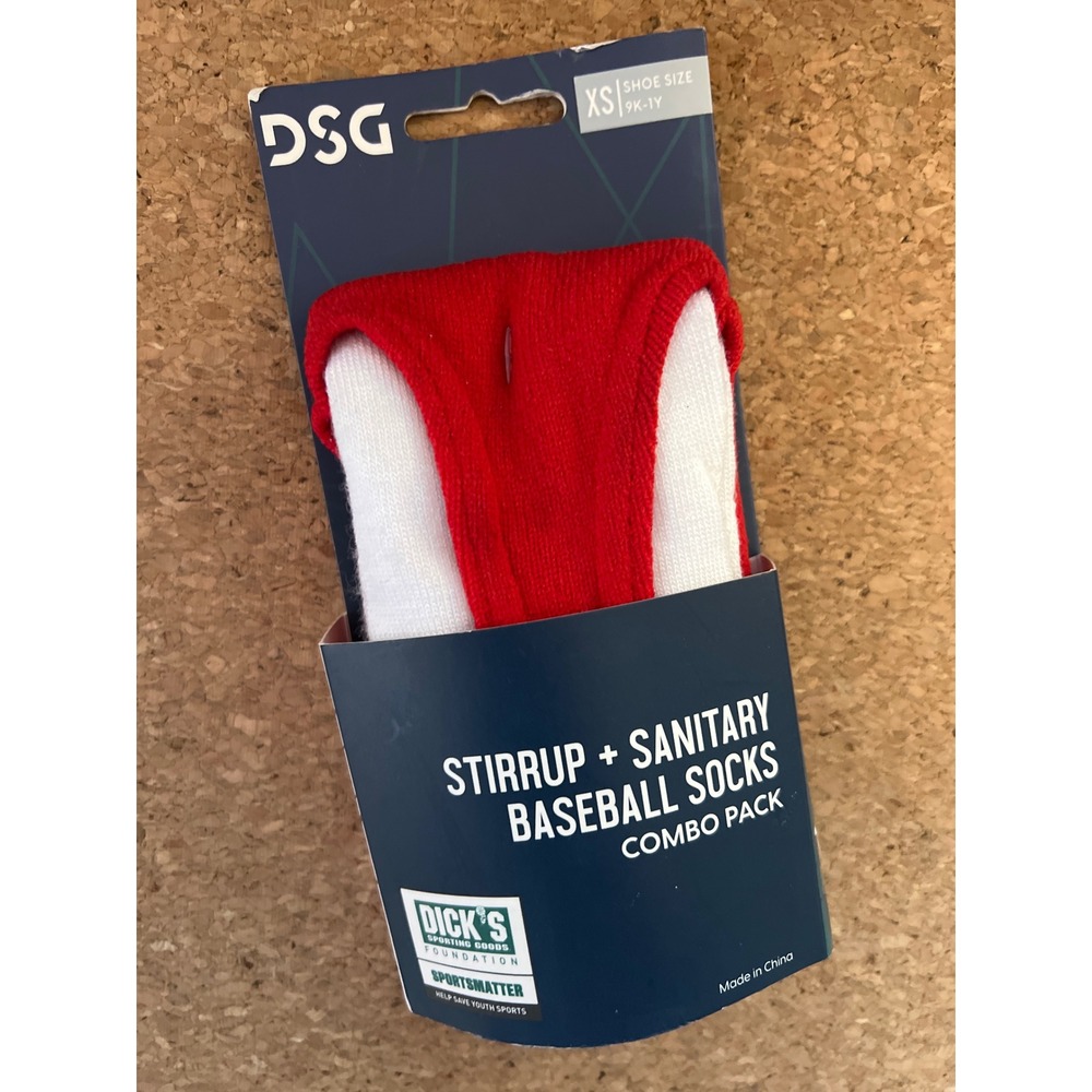 DSG Kids Red Stirrup and White Sanitary Baseball Socks Combo Pack XS 9K-1Y 18161